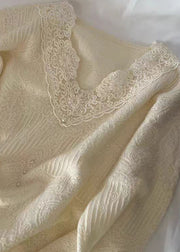 French Apricot V Neck Lace Patchwork Knit Tops Autumn