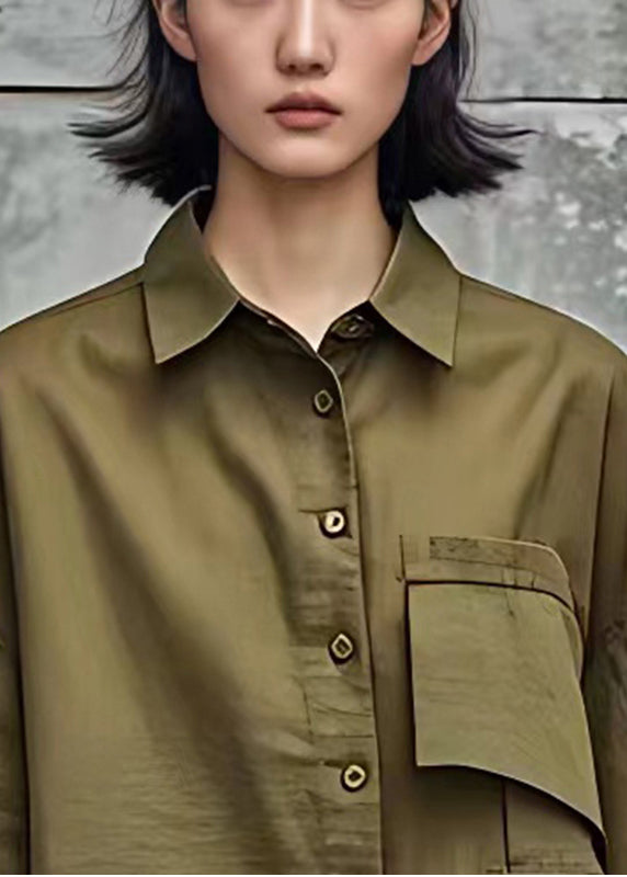 French Army Green Oversized Cotton Tops Flare Sleeve