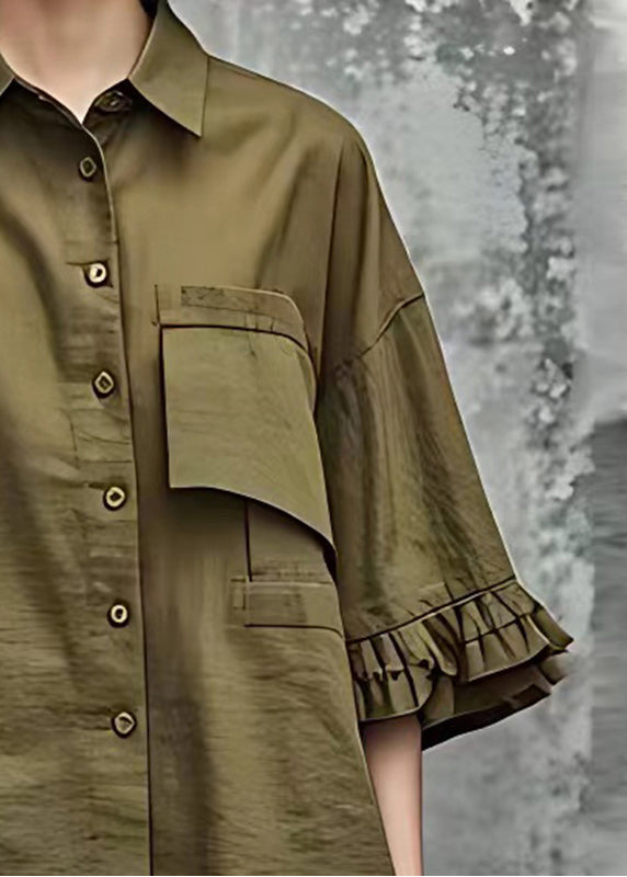 French Army Green Oversized Cotton Tops Flare Sleeve