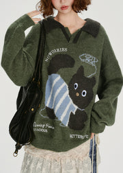 French Army Green Peter Pan Collar Dog Jacquard Knit Tops Winter