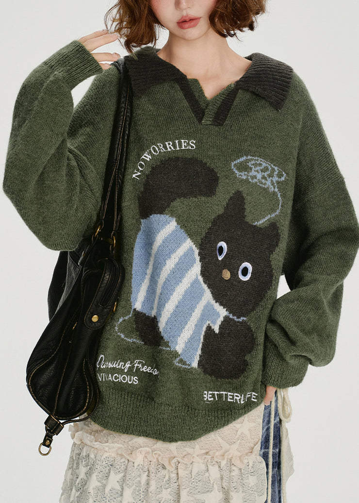 French Army Green Peter Pan Collar Dog Jacquard Knit Tops Winter