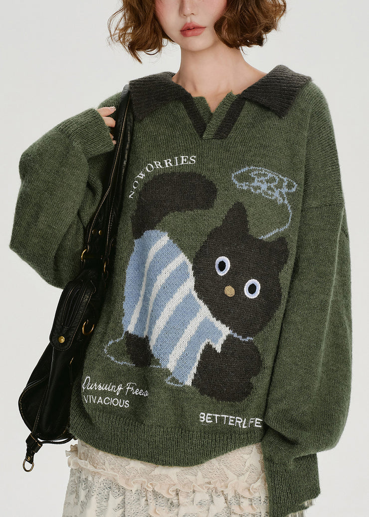 French Army Green Peter Pan Collar Dog Jacquard Knit Tops Winter