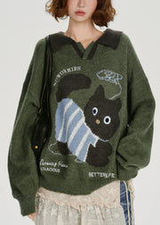 French Army Green Peter Pan Collar Dog Jacquard Knit Tops Winter