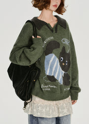 French Army Green Peter Pan Collar Dog Jacquard Knit Tops Winter