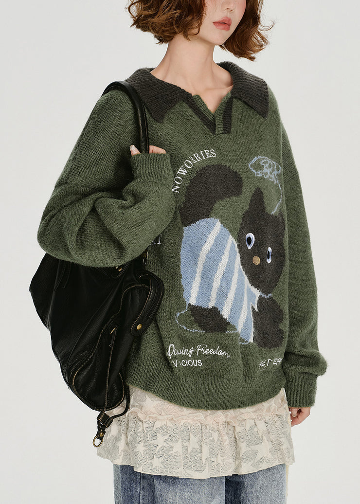 French Army Green Peter Pan Collar Dog Jacquard Knit Tops Winter