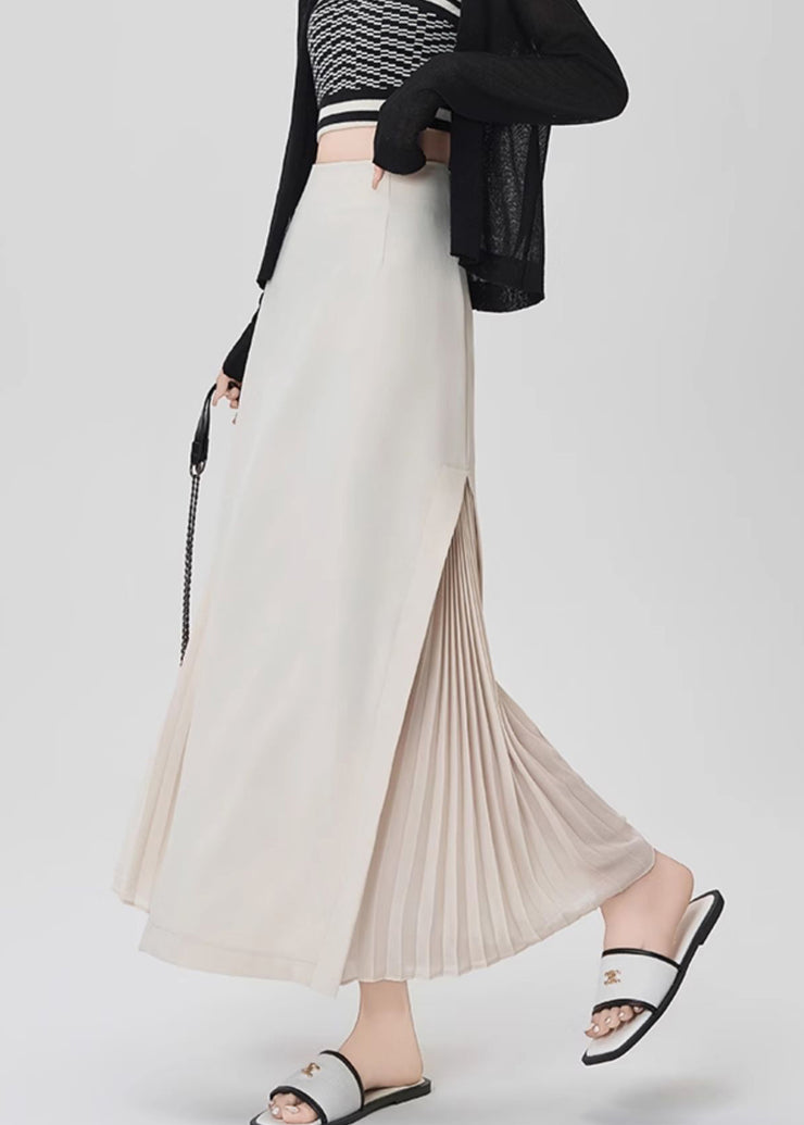 French Beige High Waist Draping Chiffon Pleated Skirt Fall