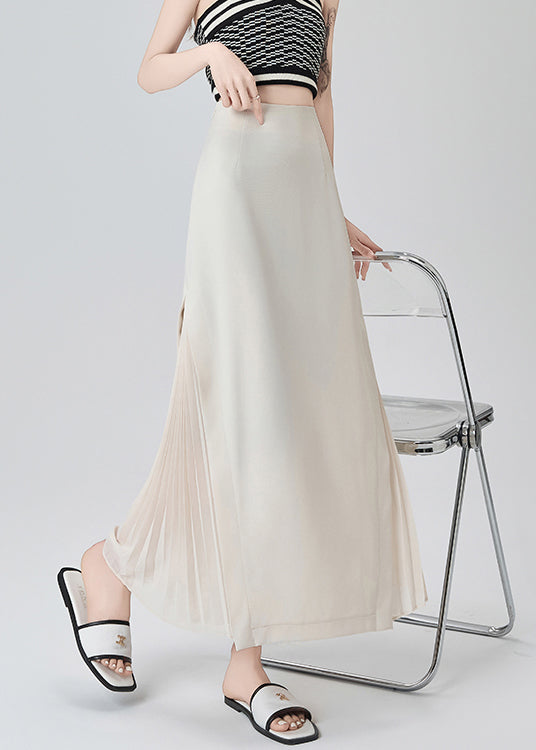 French Beige High Waist Draping Chiffon Pleated Skirt Fall
