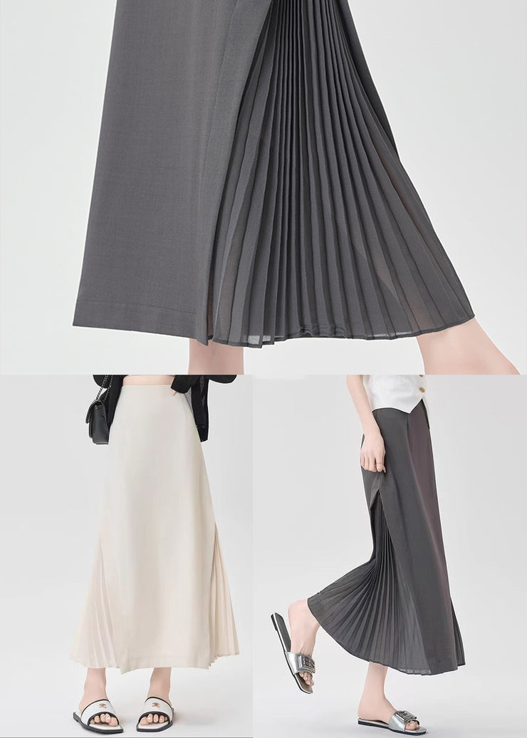 French Beige High Waist Draping Chiffon Pleated Skirt Fall