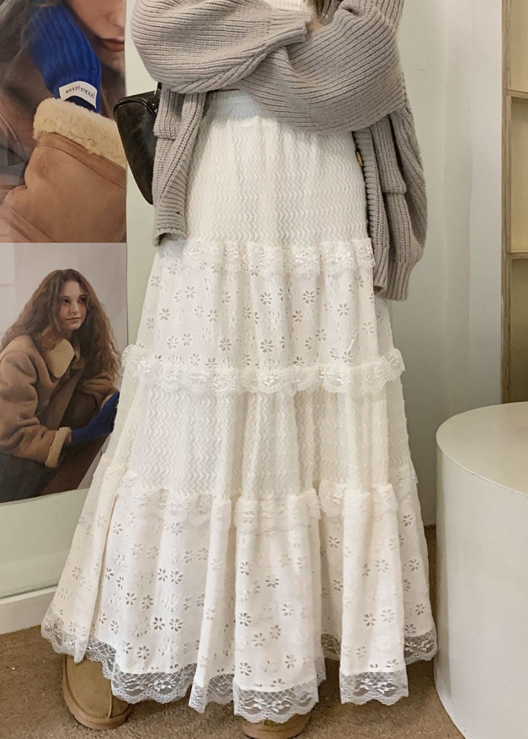 French Beige Hollow Out High Waist Lace Skirt Spring