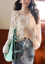 French Beige Hollow Out Lace Knit Top Fall