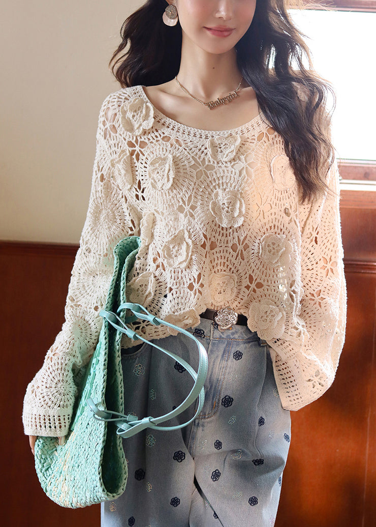 French Beige Hollow Out Lace Knit Top Fall