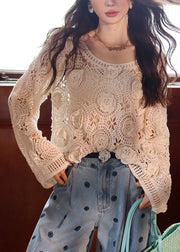 French Beige Hollow Out Lace Knit Top Fall