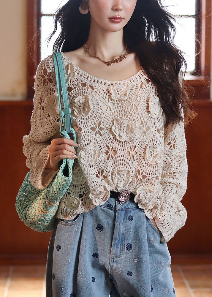French Beige Hollow Out Lace Knit Top Fall