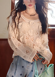 French Beige Hollow Out Lace Knit Top Fall