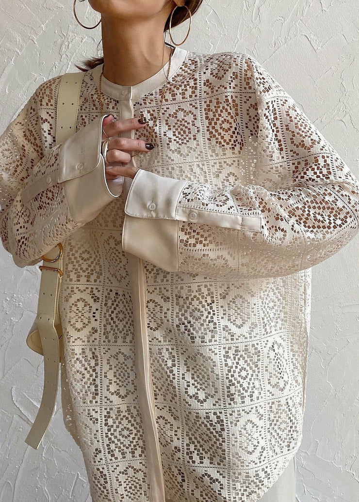 French Beige Hollow Out Lace Sheer Blouses Summer