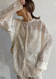 French Beige Hollow Out Lace Sheer Blouses Summer