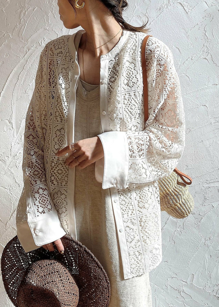French Beige Hollow Out Lace Sheer Blouses Summer