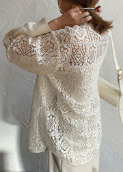 French Beige Hollow Out Lace Sheer Blouses Summer