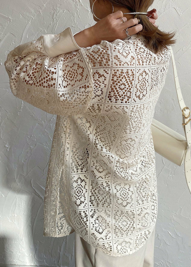 French Beige Hollow Out Lace Sheer Blouses Summer