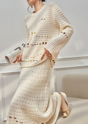 French Beige Hollow Out Sweaters And Skirts Knit Two Pieces Set Fall