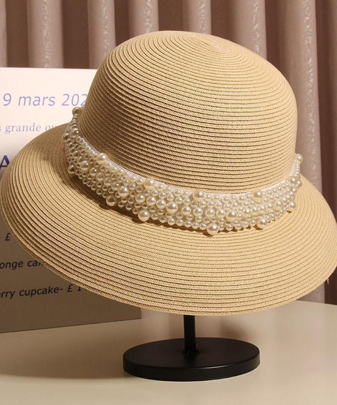 French Beige Nail Bead Straw Woven Cloche Hat Summer