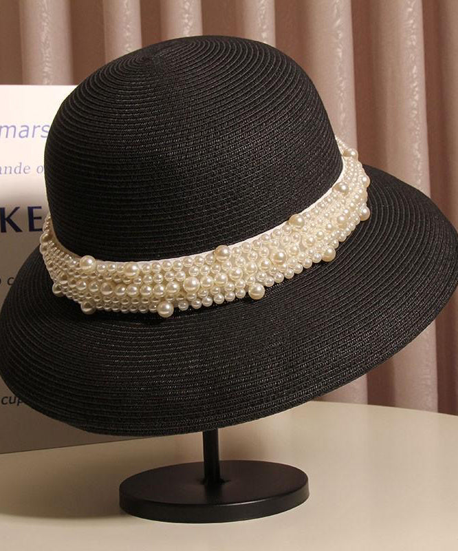 French Beige Nail Bead Straw Woven Cloche Hat Summer