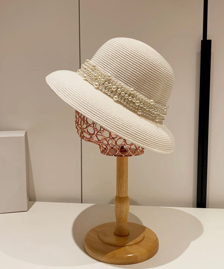 French Beige Nail Bead Straw Woven Cloche Hat Summer