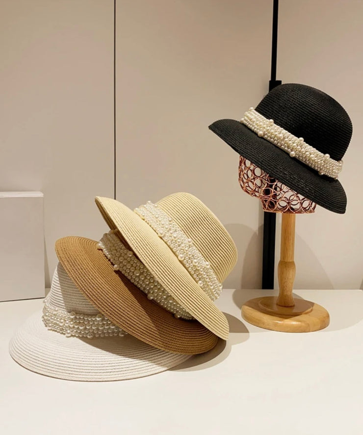 French Beige Nail Bead Straw Woven Cloche Hat Summer