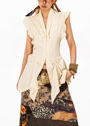 French Beige Notched Ruffled Patchwork Shirts Summer