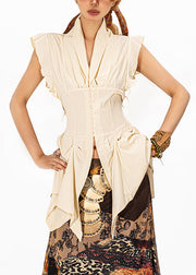 French Beige Notched Ruffled Patchwork Shirts Summer