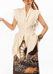French Beige Notched Ruffled Patchwork Shirts Summer