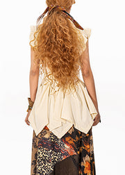 French Beige Notched Ruffled Patchwork Shirts Summer