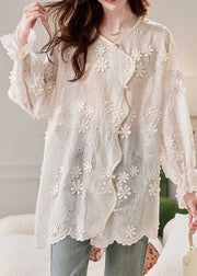 French Beige O-Neck Embroidered Floral Shirt Spring