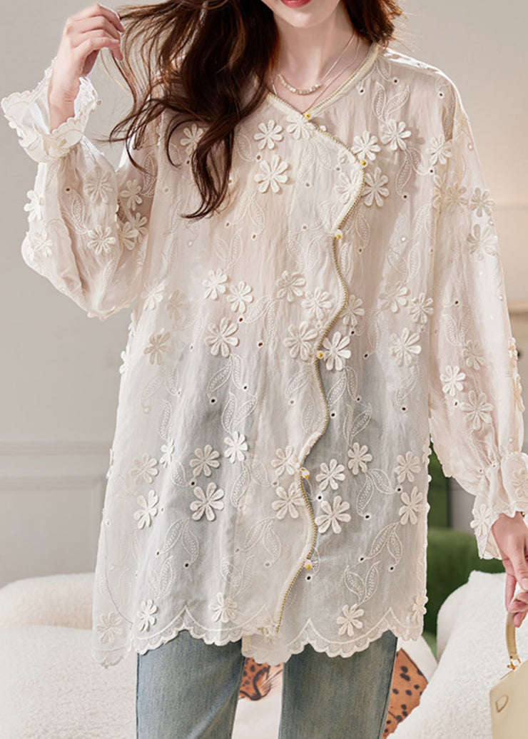 French Beige O-Neck Embroidered Floral Shirt Spring