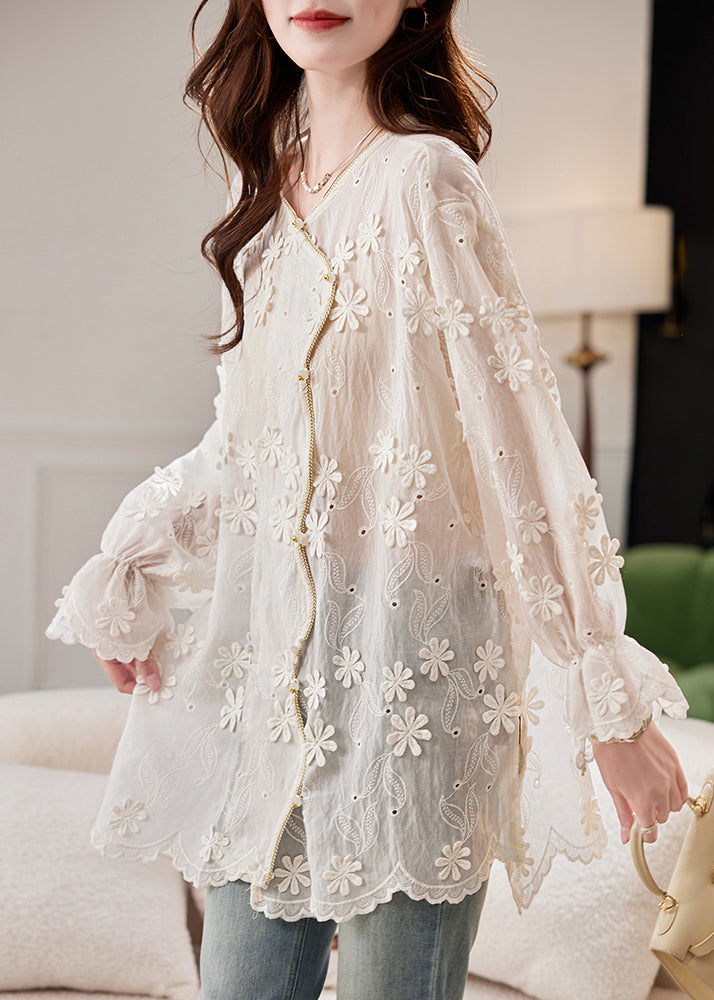 French Beige O-Neck Embroidered Floral Shirt Spring