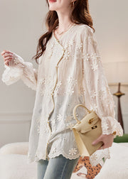 French Beige O-Neck Embroidered Floral Shirt Spring