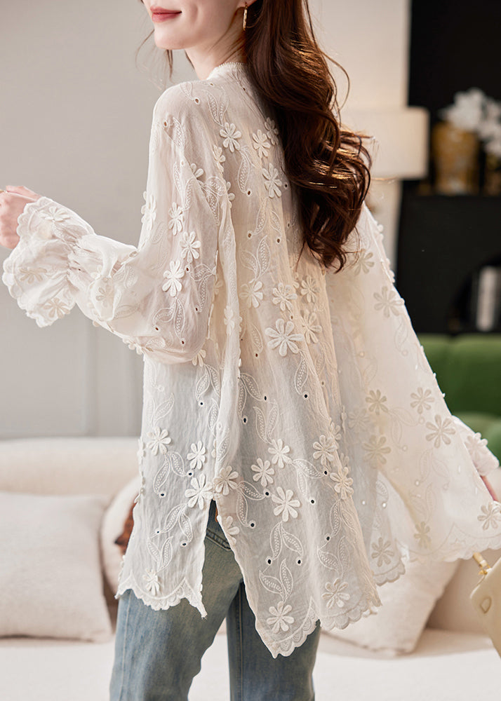 French Beige O-Neck Embroidered Floral Shirt Spring
