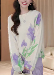 French Beige O Neck Floral Knit Sweater Tops Fall