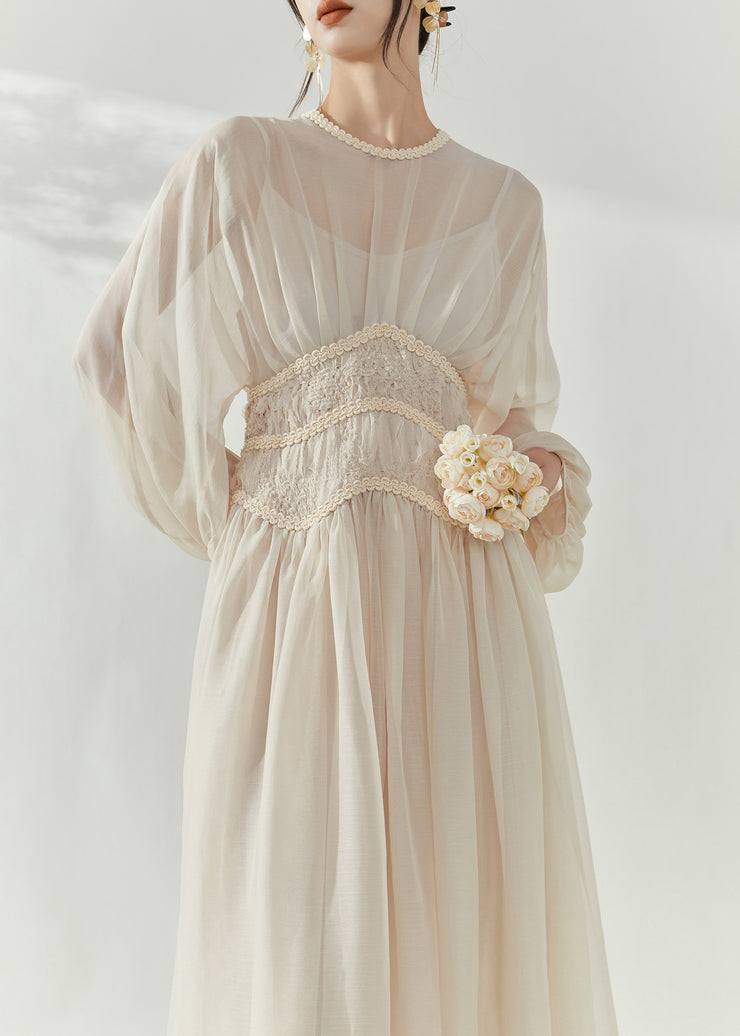 French Beige O-Neck Tunic Tulle Long Dresses Lantern Sleeve