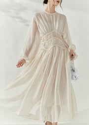 French Beige O-Neck Tunic Tulle Long Dresses Lantern Sleeve