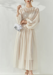 French Beige O-Neck Tunic Tulle Long Dresses Lantern Sleeve