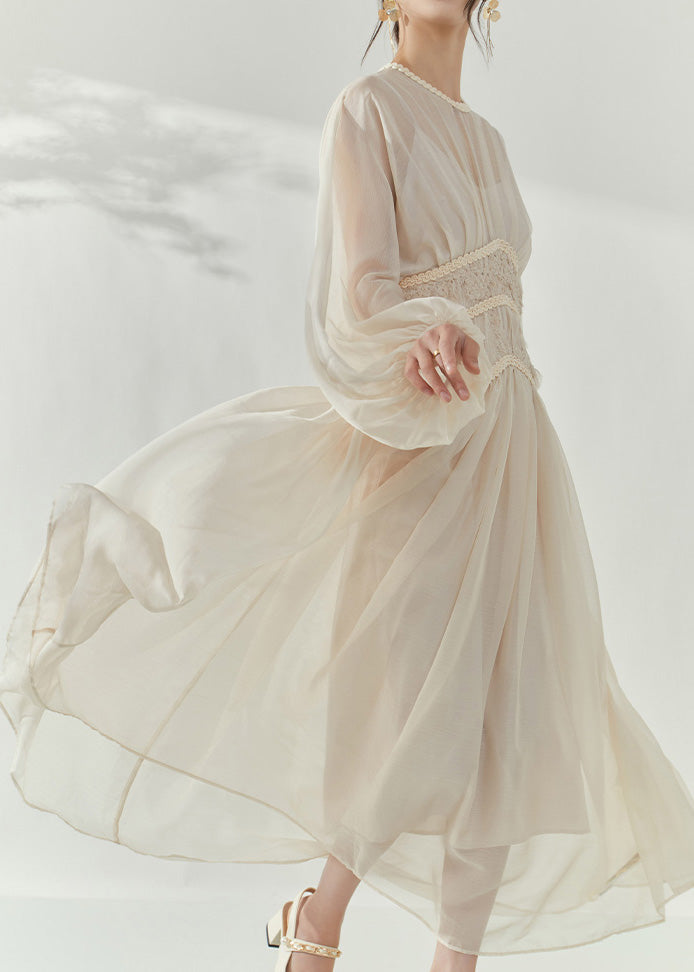 French Beige O-Neck Tunic Tulle Long Dresses Lantern Sleeve