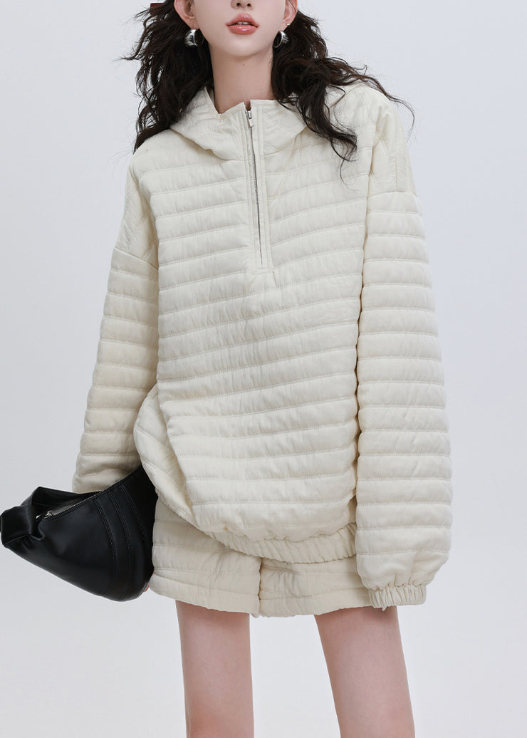 French Beige Oversized Hooded Fine Cotton Filled Two Pieces Set Winter