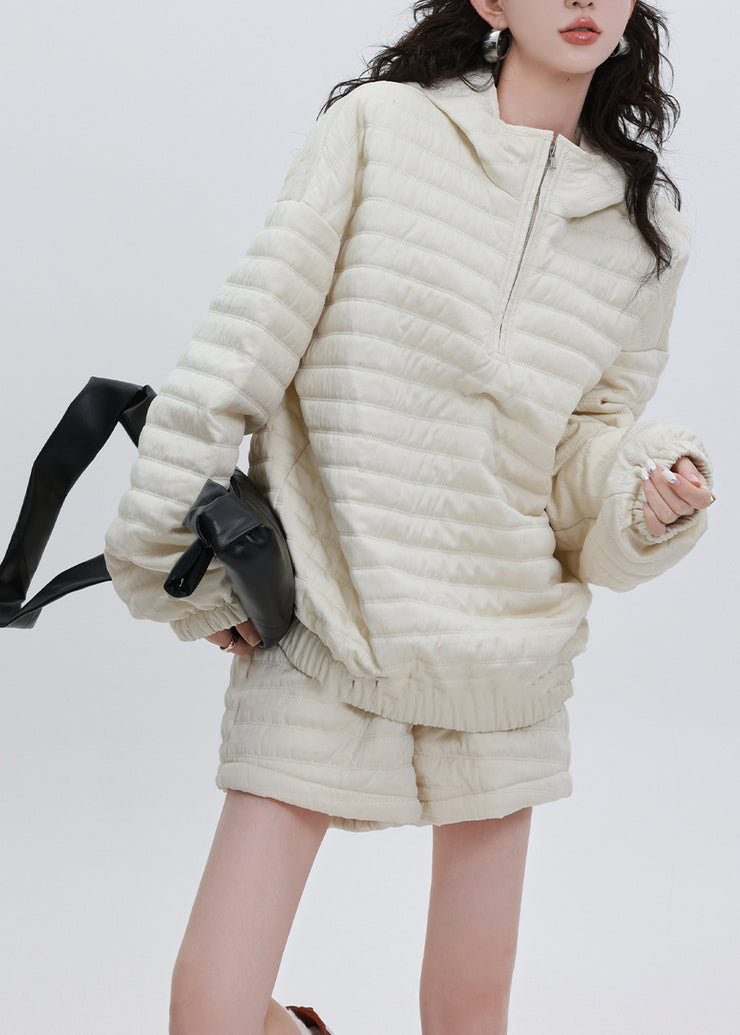 French Beige Oversized Hooded Fine Cotton Filled Two Pieces Set Winter