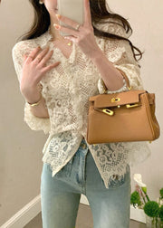 French Beige Ruffled Button Hollow Out Lace Tops Spring