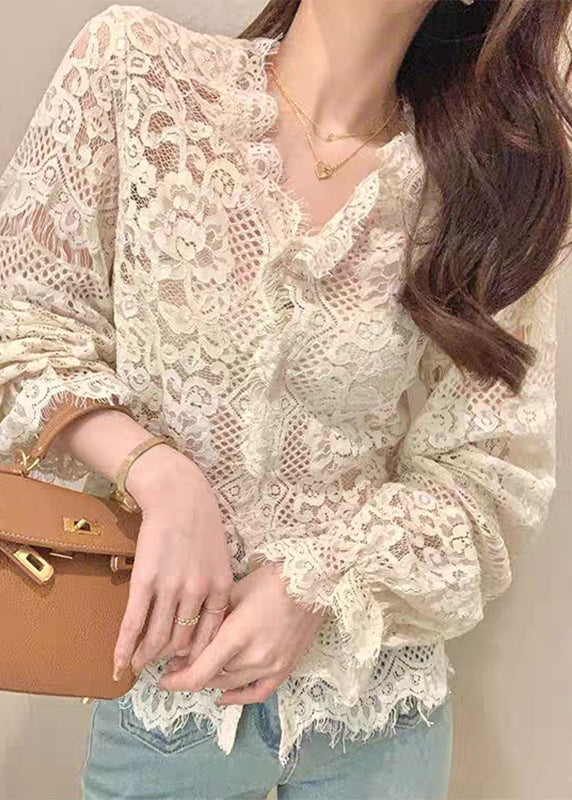 French Beige Ruffled Button Hollow Out Lace Tops Spring
