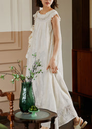 French Beige Ruffled Embroidered Lace Dress Summer