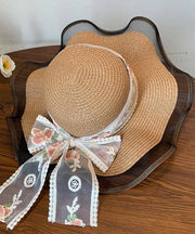 French Beige Ruffled Lace Bow Floppy Sun Hat