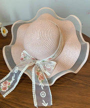 French Beige Ruffled Lace Bow Floppy Sun Hat