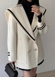 French Beige Sailor Collar Double Breast Pockets Woolen Coats Winter
